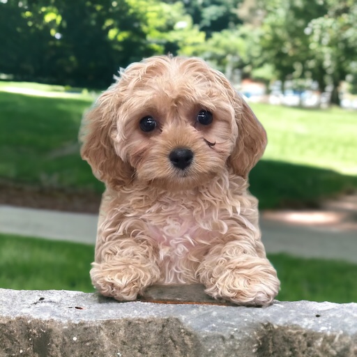 A fluffy brown puppy is standing on a ledge outside.